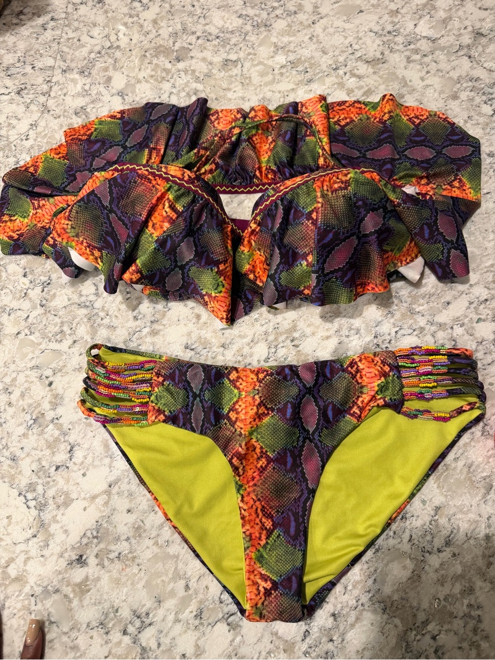 Women’s Neon Snake-Print Ruffle Bikini Set - Purple & Lime